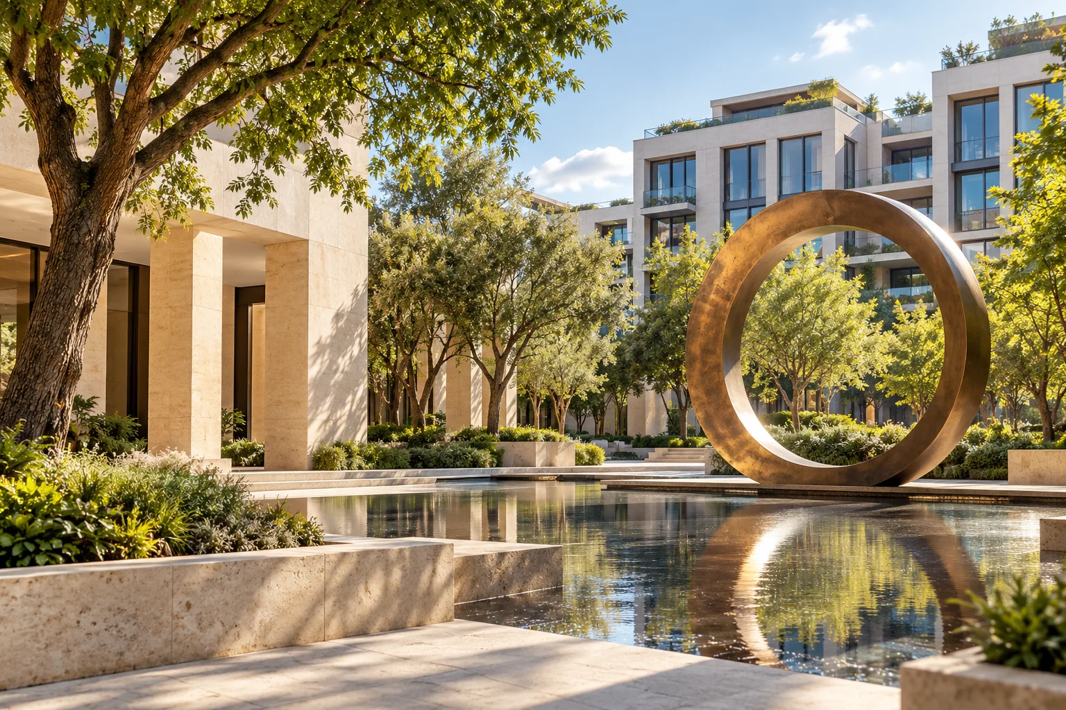 Illustrative urban courtyard with trees and a circular sculpture.