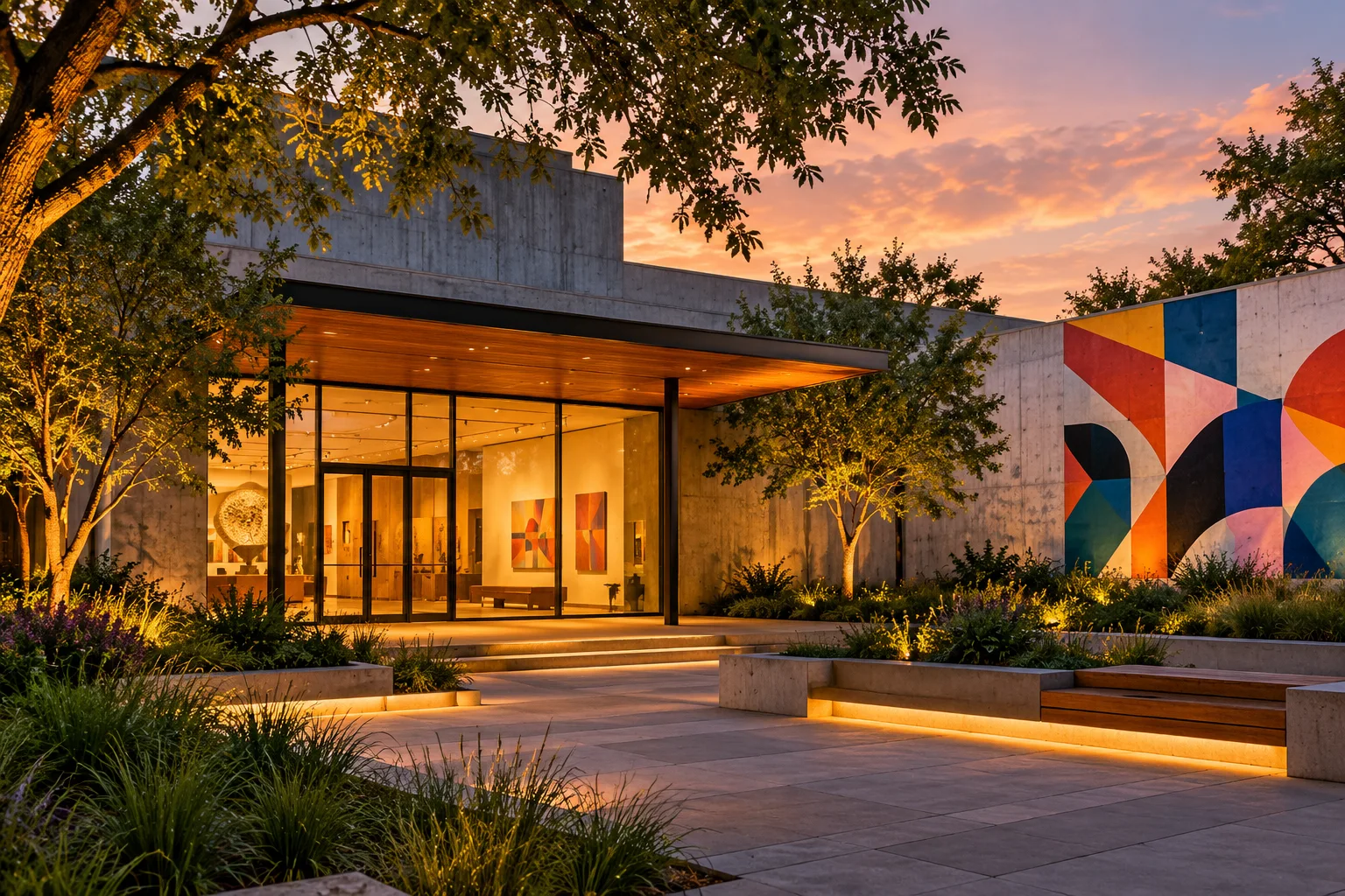 Illustrative cultural venue with public art.