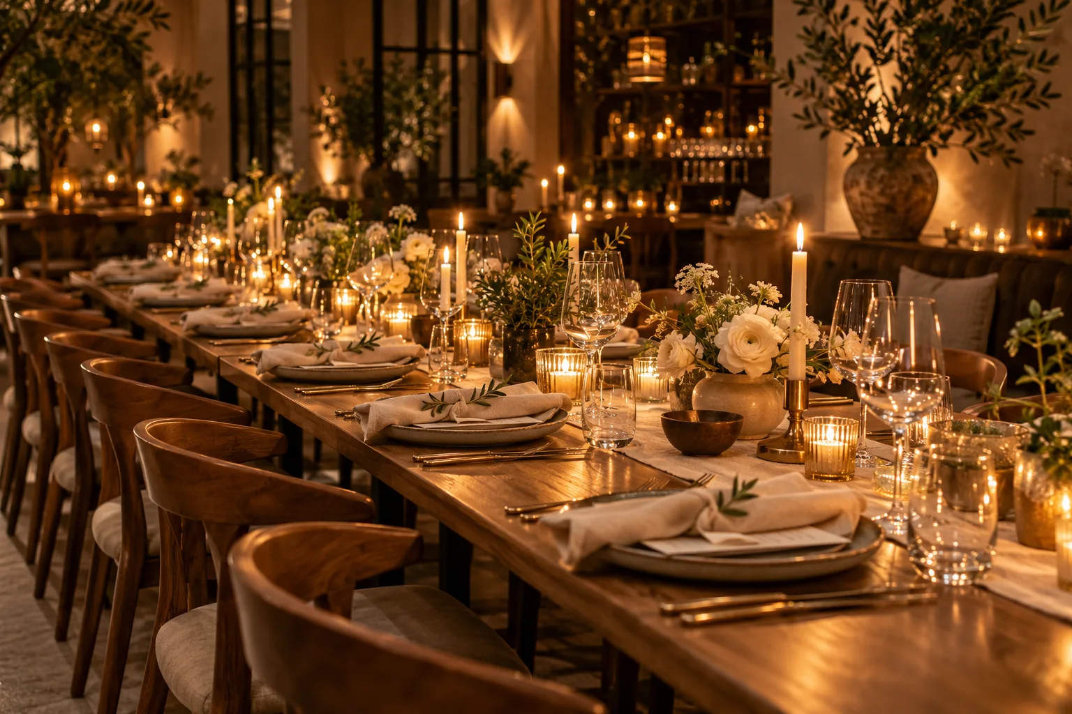 Illustrative communal dinner table set for an intimate evening.